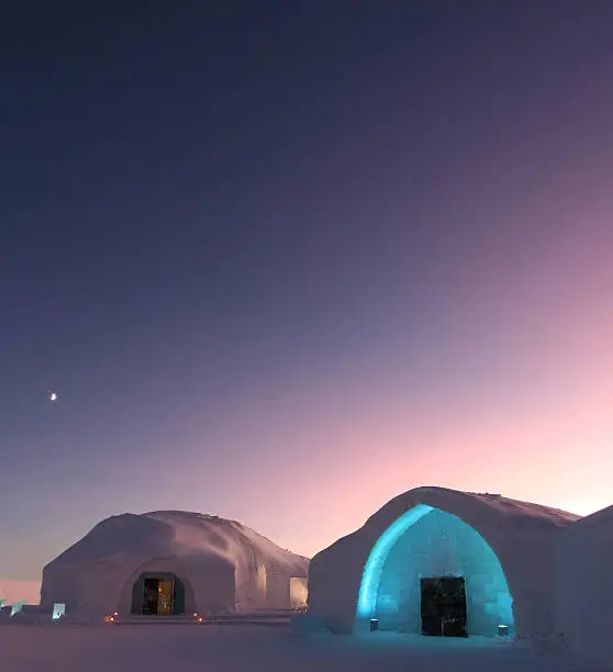 Entrance of Icehotel Sweden 2006 with adjacent Ice Church.