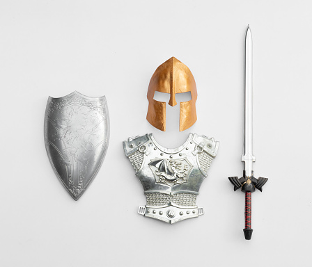 silver shield and sword isolated on white background