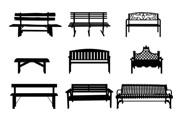 ilustrações de stock, clip art, desenhos animados e ícones de set of benches icon isolated on white background. outdoor, garden and park bench silhouettes collection. - bench park park bench silhouette