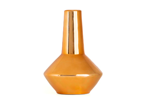 Tall vase in orange, shiny, glossy finish, made of plaster. Art shape vase  Used to decorate the room  in the home and in various offices.