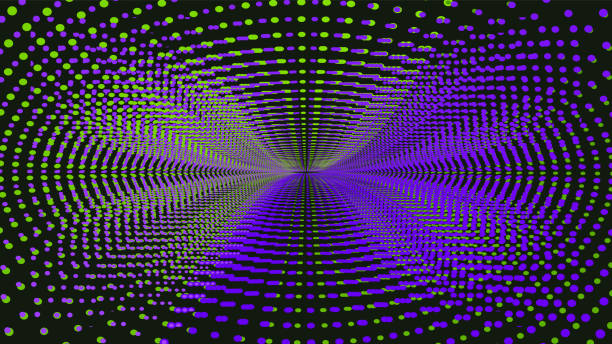 istock Neon green and purple glowing circle on black background. Optical illusion. Dots. Innovation technology concept. Art trippy digital screen. Luxury Backdrop. Banner. Template. NFT card. Virtual reality 1403961255