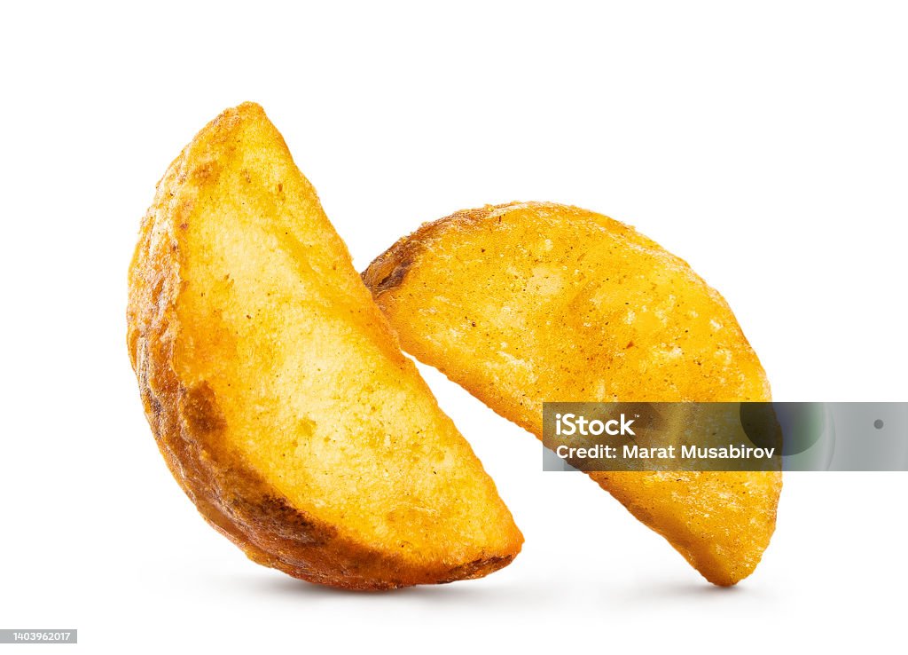 Two delicious potato wedges on white Two delicious potato wedges, isolated on white background Baked Stock Photo