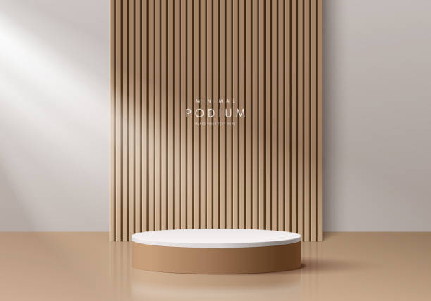 istock Realistic brown wood and white 3D cylinder pedestal podium with vertical wood pattern background. Abstract minimal scene for mockup products, stage showcase, promotion display. Vector geometric forms. 1403962076