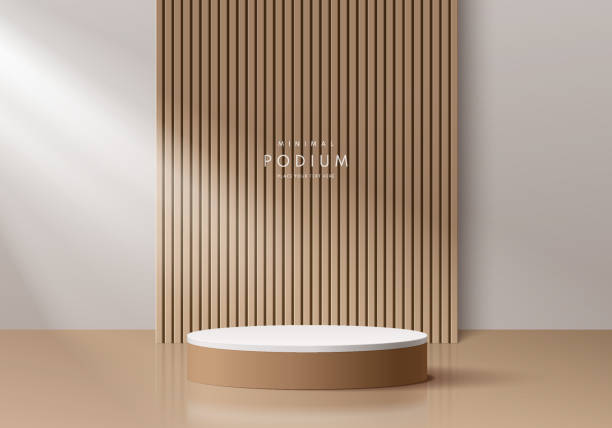 Realistic brown wood and white 3D cylinder pedestal podium with vertical wood pattern background. Abstract minimal scene for mockup products, stage showcase, promotion display. Vector geometric forms. Realistic brown wood and white 3D cylinder pedestal podium with vertical wood pattern background. Abstract minimal scene for mockup products, stage showcase, promotion display. Vector geometric forms. wood podium stock illustrations