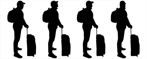 Vector illustration of Tourist with a suitcase on wheels. A guy in a cap, with a backpack behind his back and with luggage on wheels. Travelers stand in one line one after another. Four black male silhouettes isolated