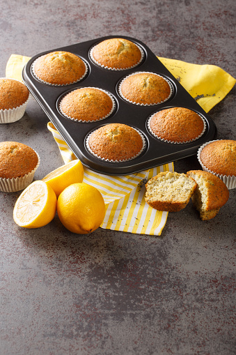 Tasty muffins with poppy seeds and lemon close-up in a metal muffin pan on the table. vertical
