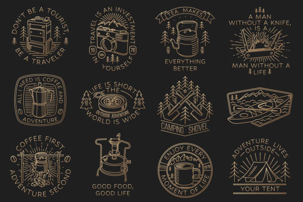 ilustrações, clipart, desenhos animados e ícones de um conjunto de crachás de acampamento, patches. ilustração vetorial conceito para camisa ou logotipo, impressão, carimbo ou camiseta. design de arte de linha vintage com equipamentos de camping, floresta, câmera fotográfica, primus, chaleira, bússol - coffee time