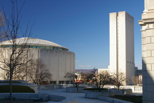 This is a photo of the State Archive building (tall, without windows) and the State Museum building (round) in Harrisburg, Pennsylvania.