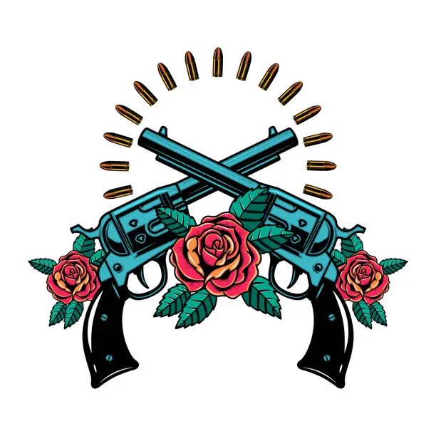 Vector illustration of Crossed guns with roses. Design element for poster, card, banner, emblem, sign. Vector illustration