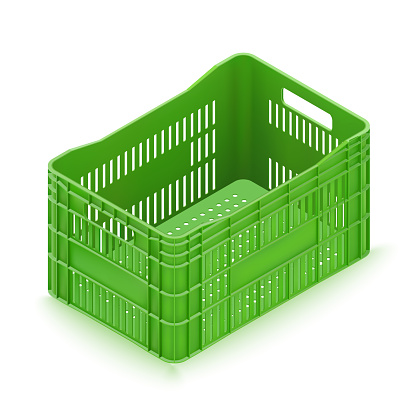 3d Green Plastic Vegetable Crate. Vector Photo Realistic Mockup Isolated On White Background. Isometric View