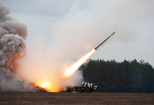 Launch of military missiles (rocket artillery) at the firing field during military exercise