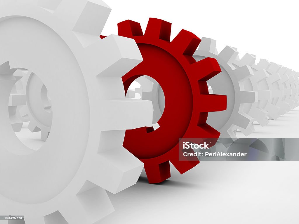 Deferent 3D red pinion among wite pinions Accuracy Stock Photo