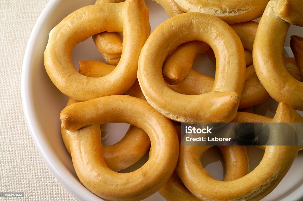 Salted baked pastry and linen napkin closeup Appetizer Stock Photo