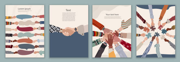 Community team business colleagues. Agreement or business between group co-worker. Editable brochure template flyer leaflet cover poster. Hands holding puzzle and speech bubble. Handshake vector art illustration