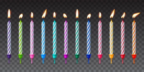 3d realistic colorful candles for birthday cake, holiday candles with burning flames 3d realistic striped colorful candles for birthday cake or pie vector illustration. Holiday candles with burning flames in night, candlelight on wicks, celebration objects on transparent background birthday candle stock illustrations