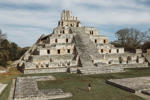 Main temple at the Mayan archeological site of Edzna in the state of Campeche, Mexico.
