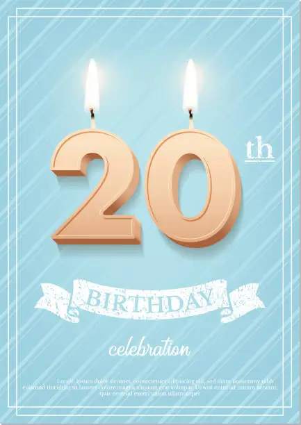 Vector illustration of Burning number 20 birthday candle with vintage ribbon and birthday celebration text on textured blue background in postcard format. Vector vertical twenty birthday invitation template