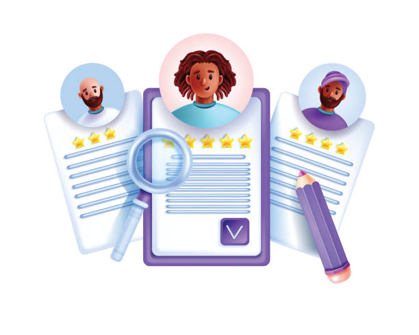 3D CV icon, online job research HR resume concept, vector human search digital illustration. Career employee hire, people avatar, magnifying glass, candidate profile, rating stars. 3D CV document file recruitment agency stock illustrations