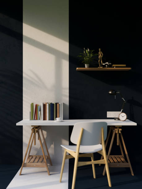 istock Modern black home workspace interior design with copy space on white tabletop, white chair 1403972405