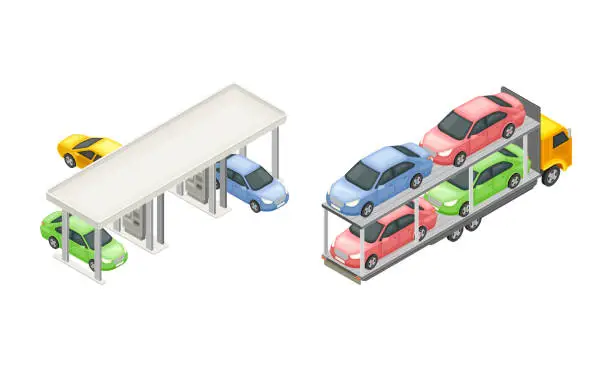 Vector illustration of Truck carrying new cars. Auto maintenance service concept isometric vector illustration