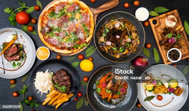 Table Top Of Food Spread On Table Stock Photo - Download Image Now - Food, Restaurant, Table