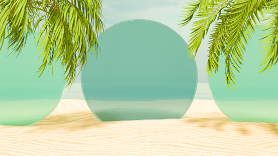 Beach and seascape with empty transparent frame summer holiday travel background, 3d render.