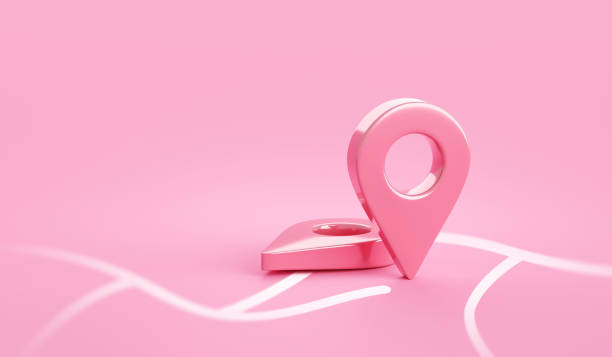 istock Pink location 3d icon on position place map navigation background with pastel direction pin point symbol or gps destination pointer marker route sign and discovery find road address delivery target. 1403974158