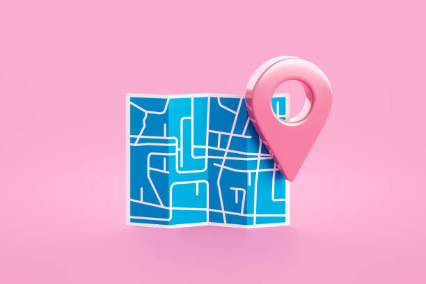 istock Pink location 3d icon on position place map navigation background with pastel direction pin point symbol or gps destination pointer marker route sign and discovery find road address delivery target. 1403974180