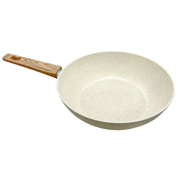 raw white frying pan, cooking pan, kitchenware equipment heat temperature, handle wood material single object isolated on white background