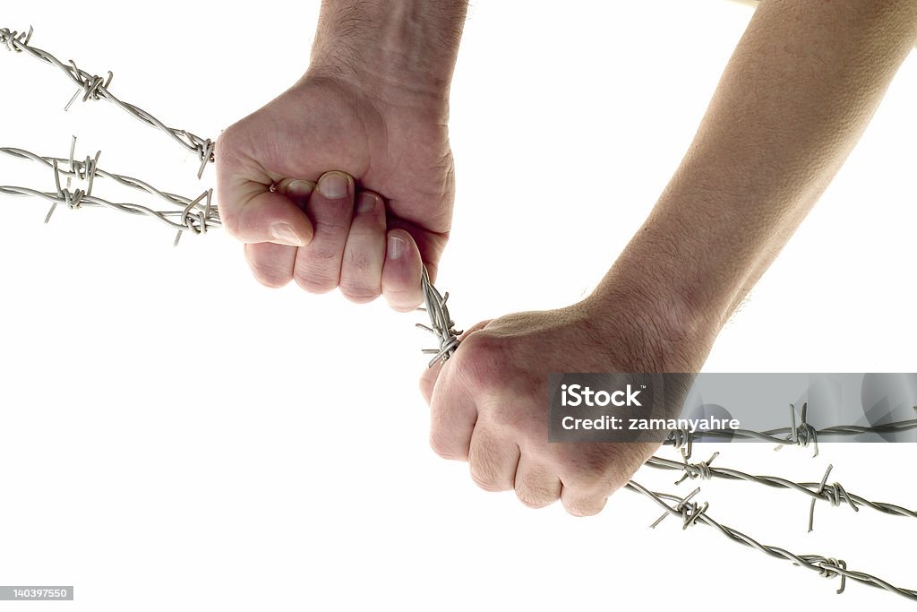 fight man hands & barbed wire Human Hand Stock Photo