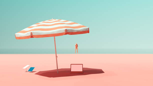 солнечный берег с пастелью розовый песок бирюзовый синий океан небо и зонтик тень женщина в розовом купальнике солнечная энергия ноутбук с - harbor island стоковые фото и изображения