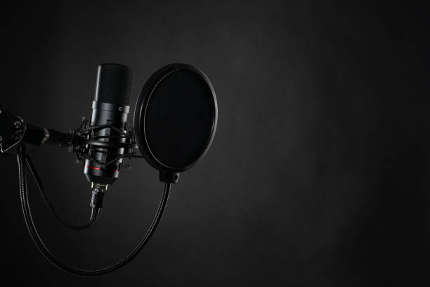 istock Proffesional studio microphone, isolated on the black background. 1403977864