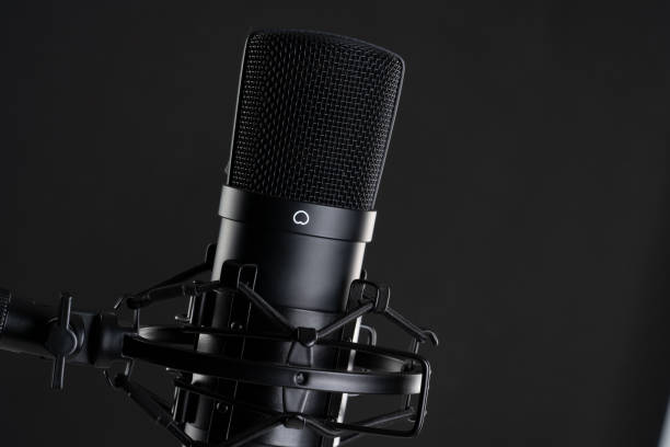 istock Close up image of professional studio microphone on the black background during voice recording 1403977886