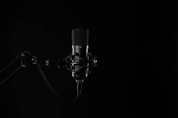 istock Proffesional studio microphone, isolated on the black background. 1403977917