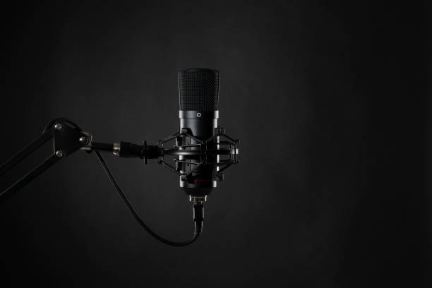 istock Proffesional studio microphone, isolated on the black background. 1403977931