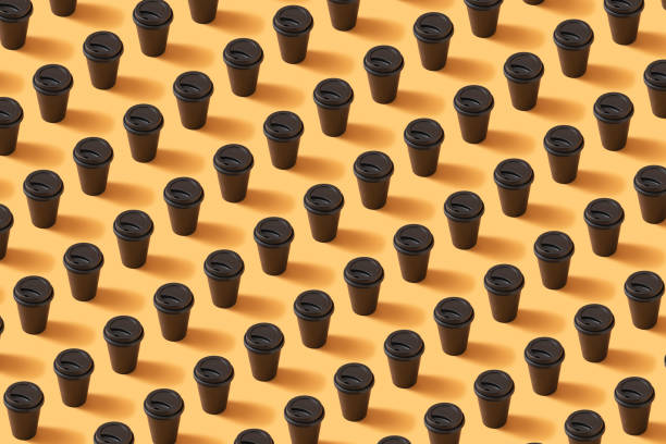 Pattern of black kraft coffee cup on yellow background