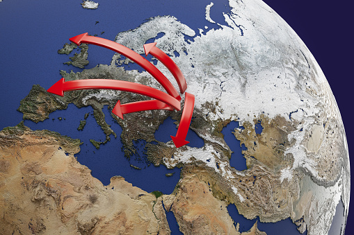 Immigration Concept with Arrows on Earth. 3D Render\nEarth globe image provided by NASA - https://visibleearth.nasa.gov/view.php?id=54388