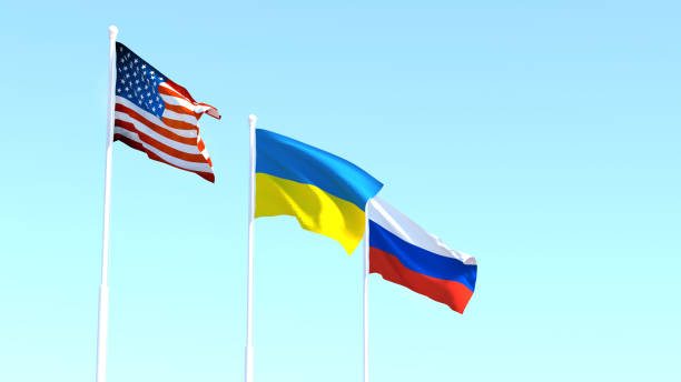 istock American, Ukrainian and Russian Flags background. 1403979463
