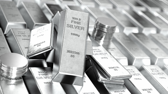 Stack of Shiny Silver Bars Ingots and Coins. 3D Render