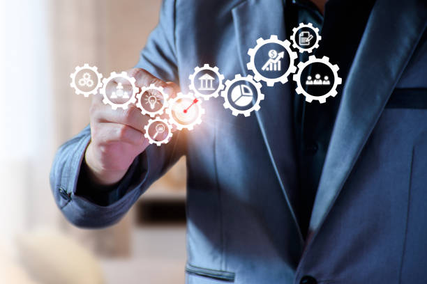 istock Business database analysis concept. Businessman analyzing economic data. related to business operations, analysis of future economic trends, virtual screens, business networking, internet technology. 1403979514