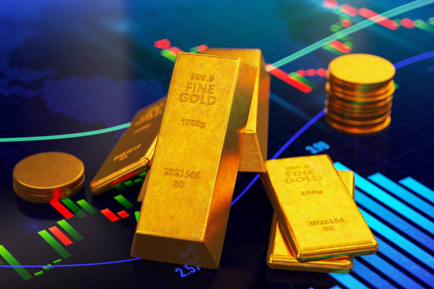istock Gold Ingot Bars and Coins with Financial Chart 1403979536