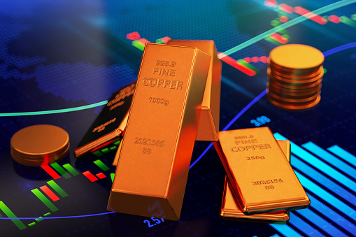 Copper Ingot Bars and Coins with Financial Chart. 3D Render