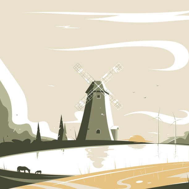 krajobraz wiejski z wiatrakami i zwierzętami domowymi. - dutch culture illustrations stock illustrations