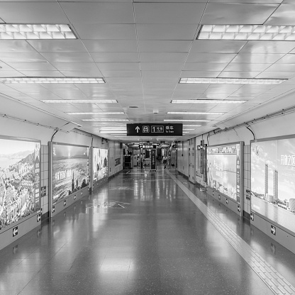 On June 19, 2022, in Beijing during the epidemic, an empty passage leading to the subway gate of Line 1.