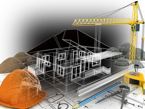 house under construction  with a crane and other building fixtures on top of blue print,3d rendering