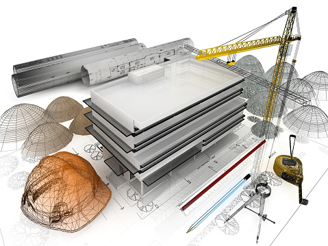 building under construction  with a crane and other building fixtures on top of blue print,3d rendering