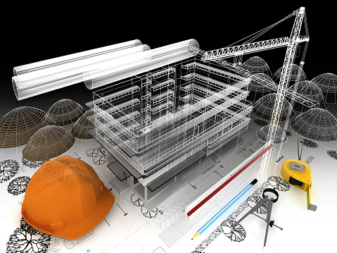 building under construction  with a crane and other building fixtures on top of blue print,3d rendering