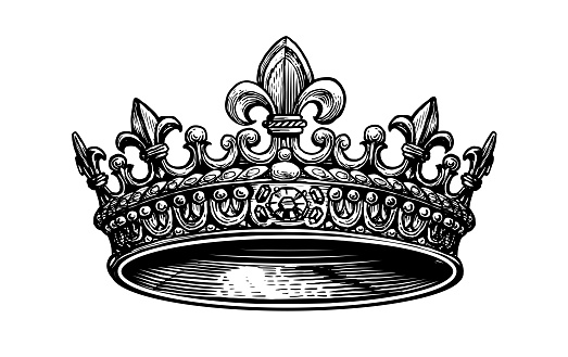 King Crown sketch. Hand drawn royal symbol of power drawn on white. Vintage engraved illustration