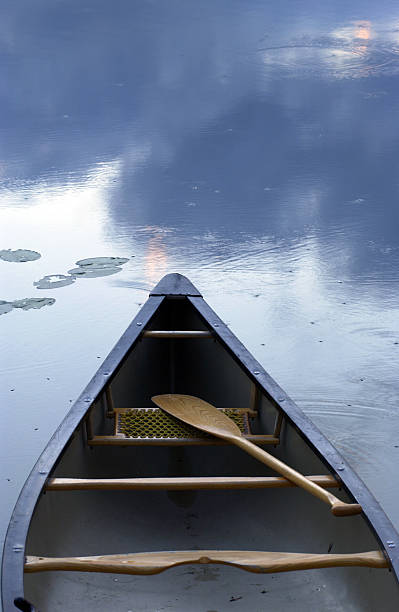 canoe on tranquil lake                                Canoe and paddle resting on shore of tranquil lake in the early evening. Check out my portfolio for more outdoor paddle images.  portage valley stock pictures, royalty-free photos & images