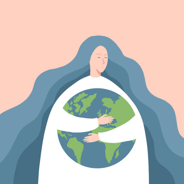 ilustrações de stock, clip art, desenhos animados e ícones de save the planet, concept of the earth day. woman holding planet symbol. girl hugging and taking care of earth. environment conservation and energy saving concept. - earth globe mother child